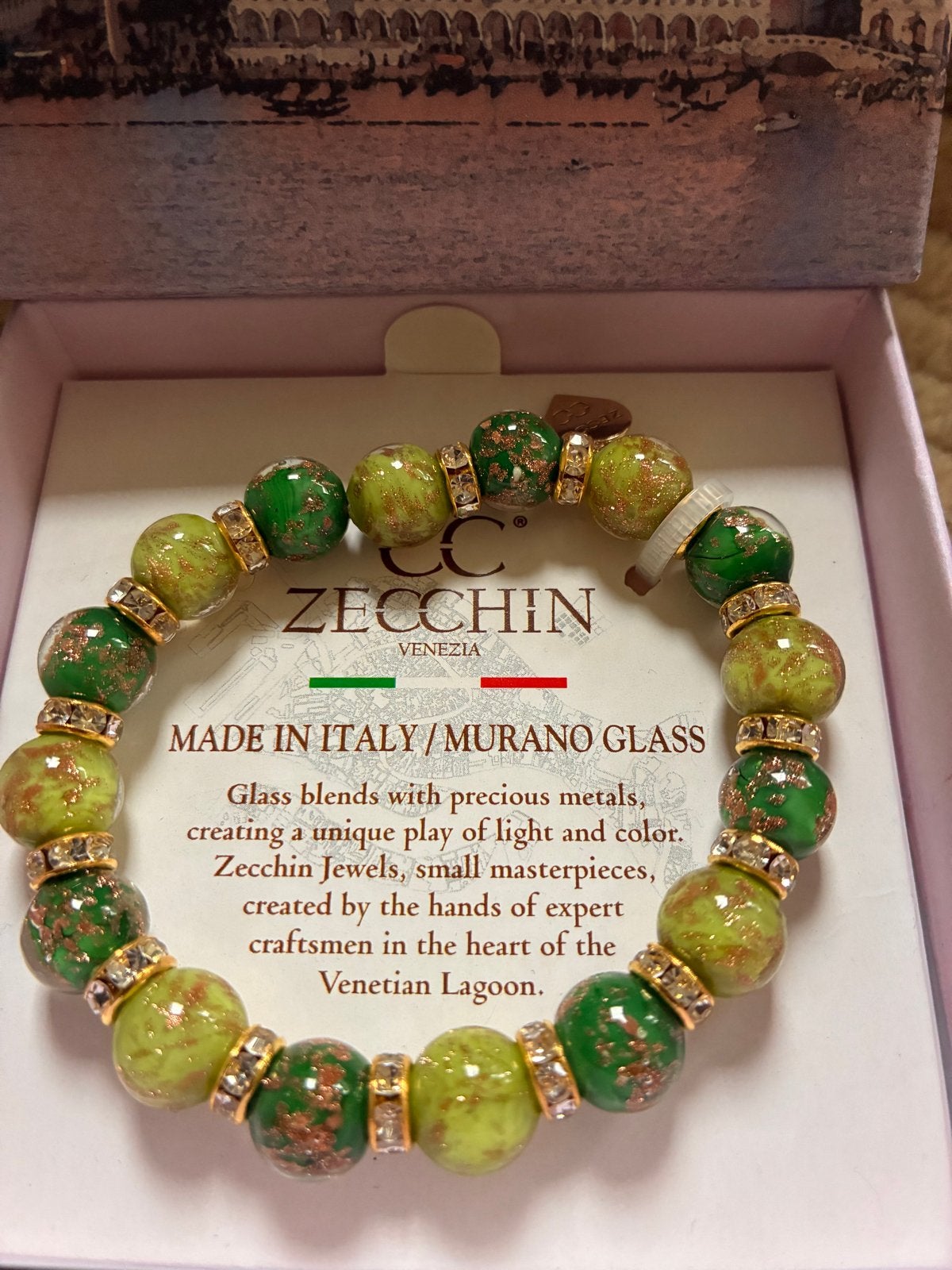 Zecchin Murano Glas Armband Groen/Goud, Sieraden, Tassen en Uiterlijk, Armbanden, Nieuw, Overige materialen, Groen, Met strass