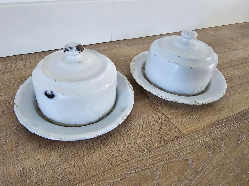 zeldzame antieke brocante witte emaille botervloten begin 19, Antiek en Kunst, Antiek | Emaille, Ophalen of Verzenden