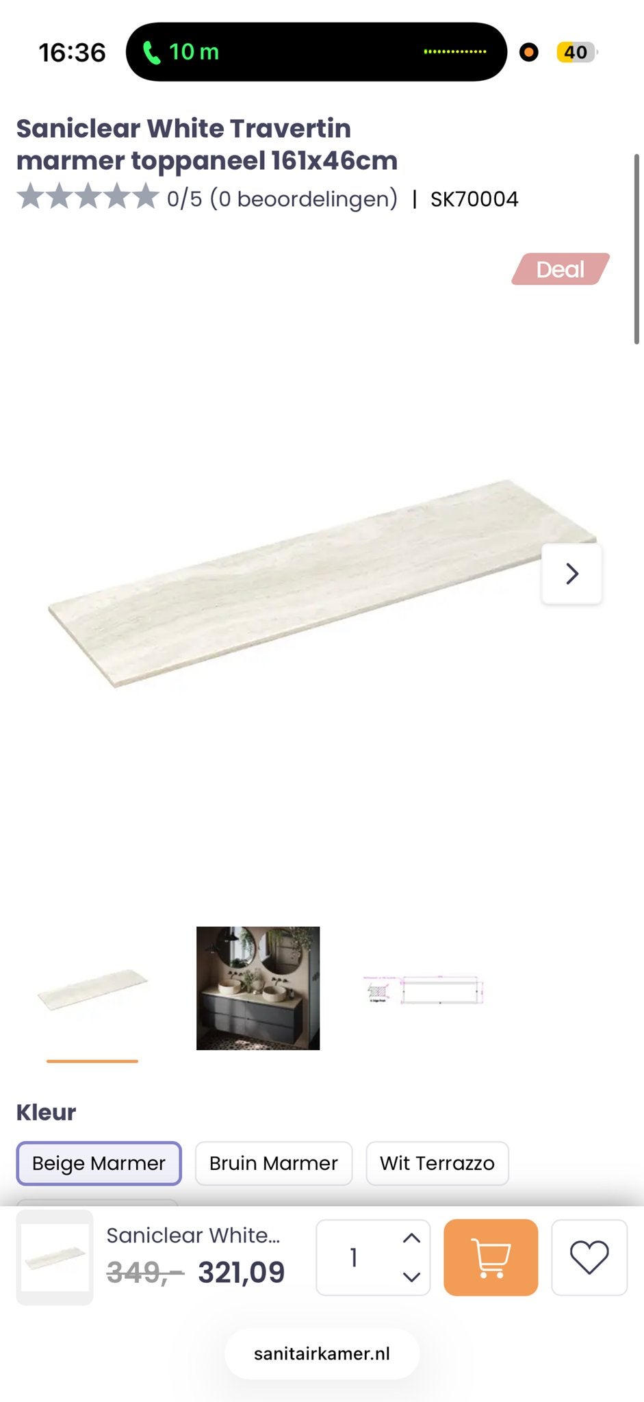 Saniclear White Travertin marmer toppaneel 161x46cm, Huis en Inrichting, Badkamer | Complete badkamers, Ophalen, Zo goed als nieuw
