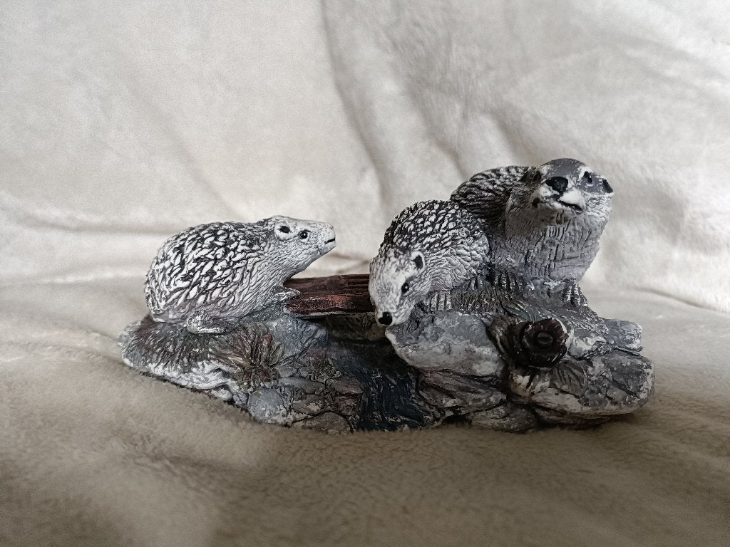 Een moeder (das, bever of egel) met 2 jongen op een dammetje, Ophalen of Verzenden, Gebruikt, Dier