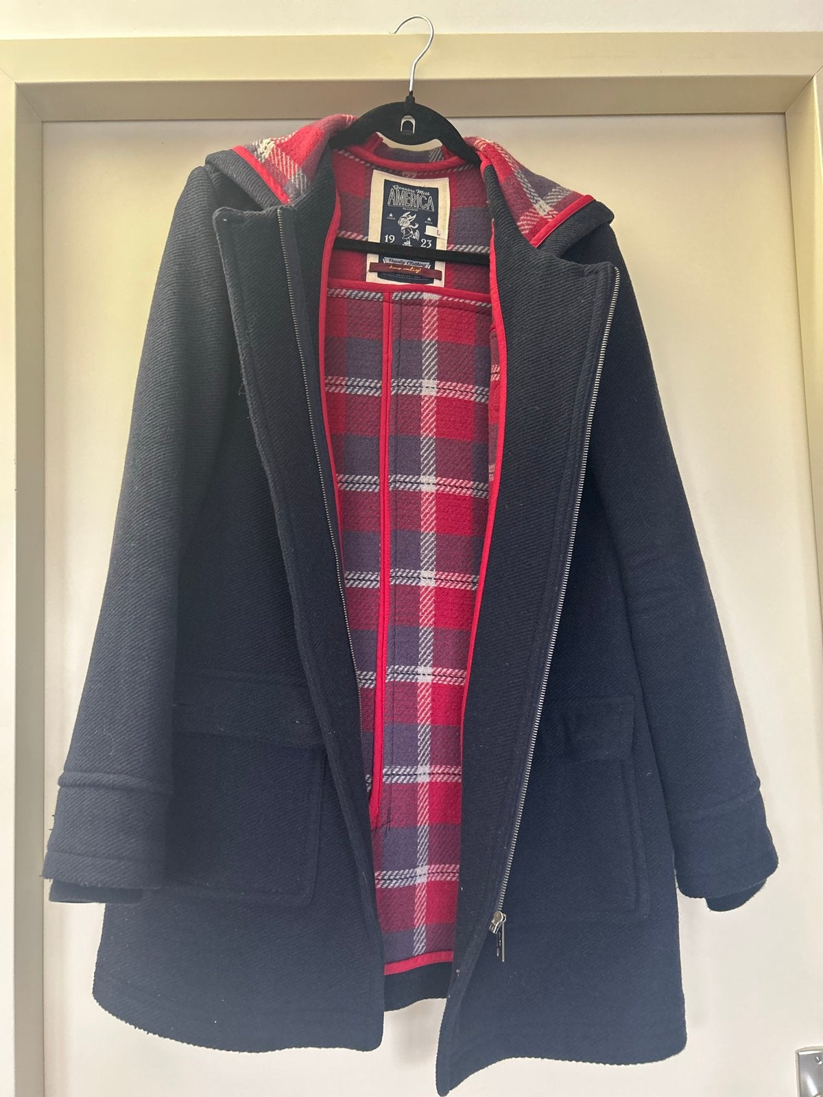 Warme wollen houtje-touwtje jas - Maat L, Kleding | Dames, Ophalen of Verzenden, Gedragen, Maat 42/44 (L), Blauw