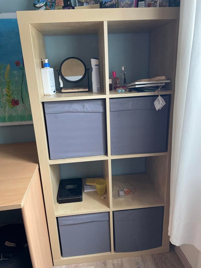 IKEA Kallax vakkenkast met 4 grijze manden, Ophalen, Zo goed als nieuw