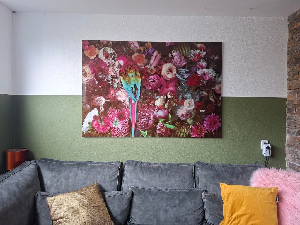 Muur schilderij bloemen en vogel., Antiek en Kunst, Ophalen of Verzenden