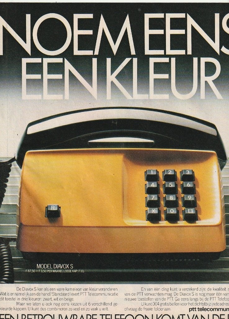 Retro reclame 1985 PTT telecommunicatie gele telefoon, Verzenden, Overige typen