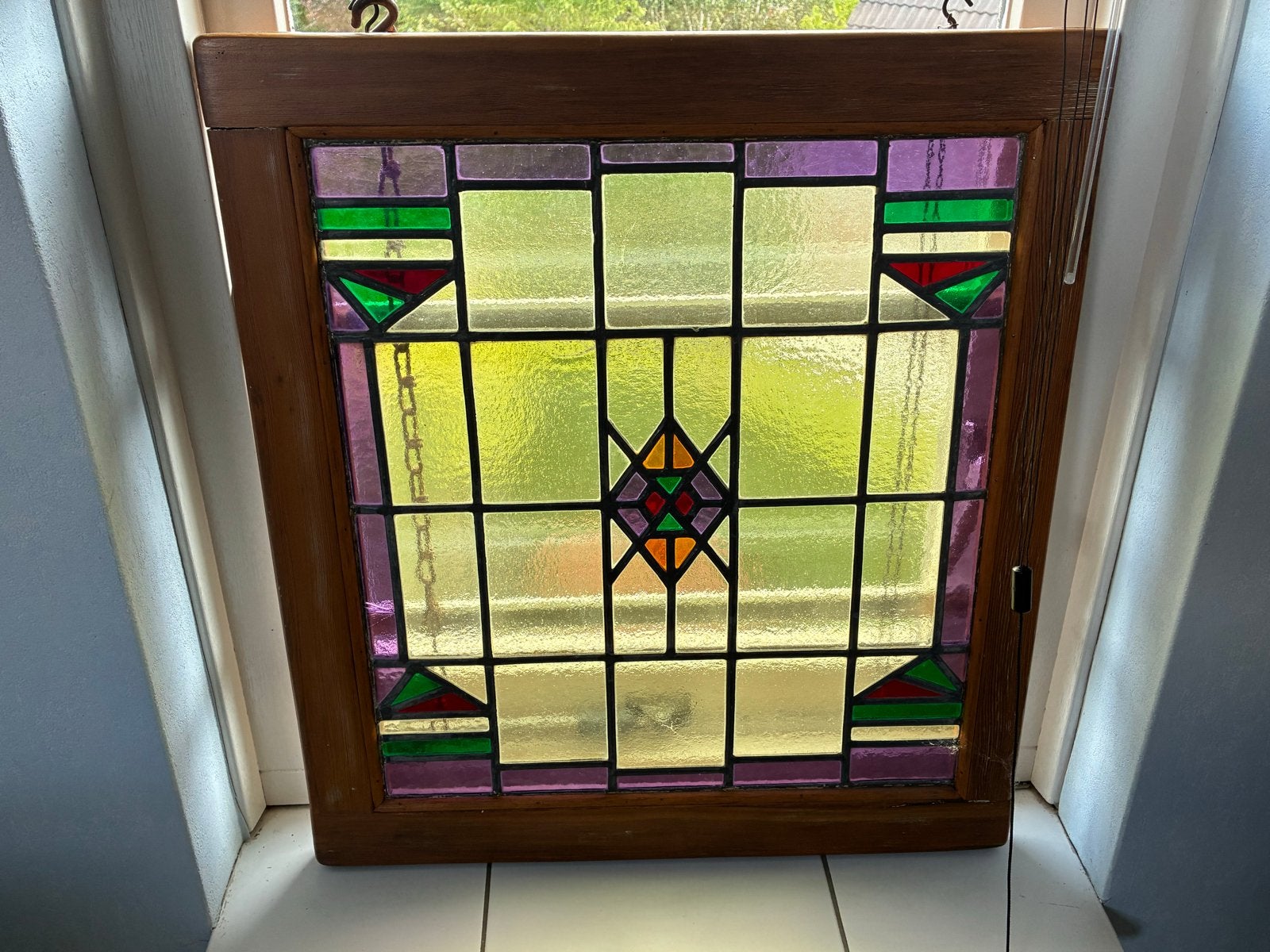 Prachtig Glas in Loodraam met Houten Frame - 52x57 cm, Ophalen, Gevelraam of Ruit, Gebruikt, Minder dan 80 cm