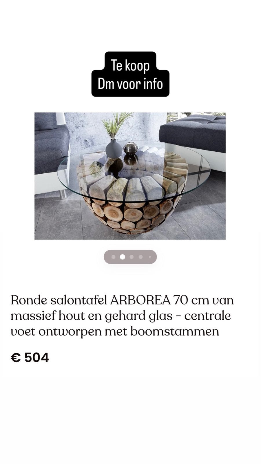 Salontafel met glazen blad en boomstamvoet - Zo goed als nie, Ophalen, Zo goed als nieuw, Rond, Glas