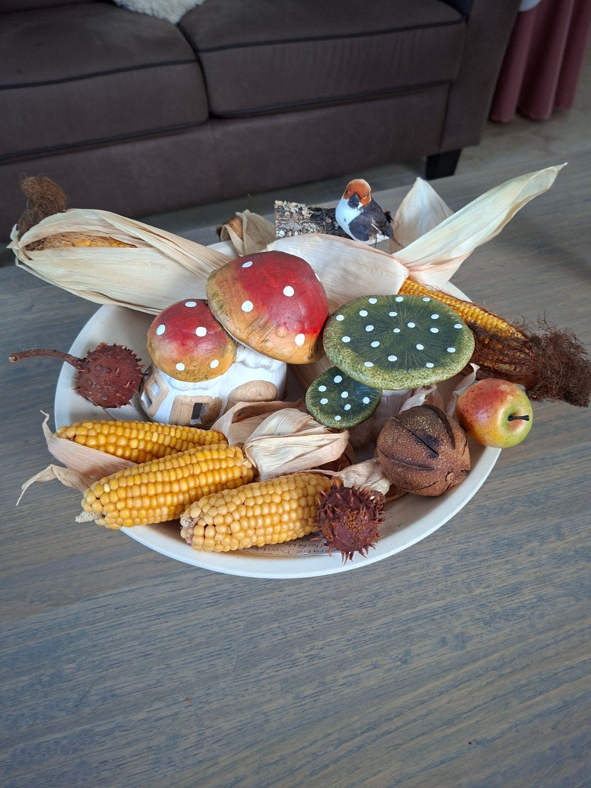 Herfstdecoratie aardewerk ecru schaal + stenen paddestoelen, Ophalen, Nieuw