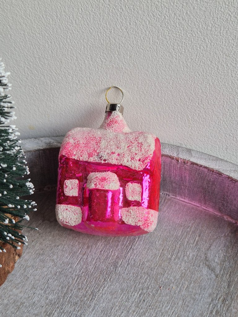 Vintage kerstbal huisje roze 556, *, Gebruikt, *, Ophalen of Verzenden
