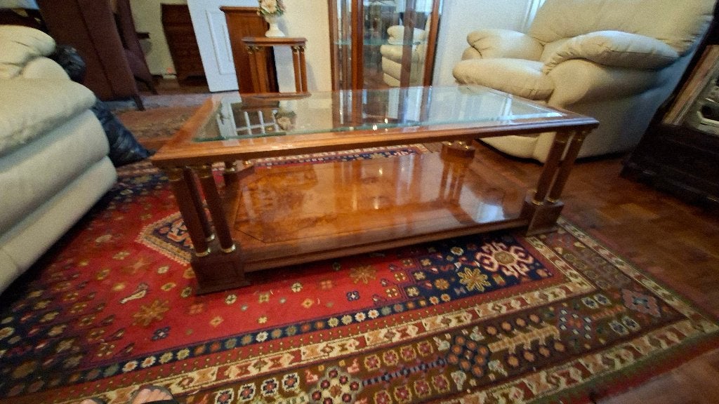Wortel Notenhouten Salontafel met glazen blad en 8 zuilpoten, Huis en Inrichting, Tafels | Salontafels, Ophalen, Gebruikt, 100 tot 150 cm