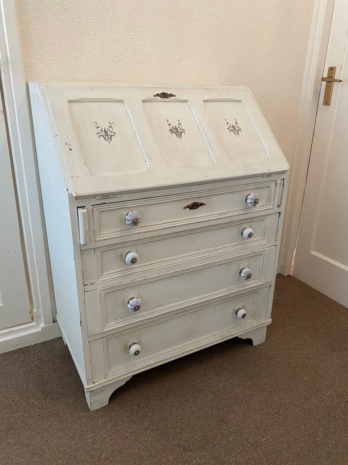 Antiek secretaire bureau met lades - Crème wit, Ophalen