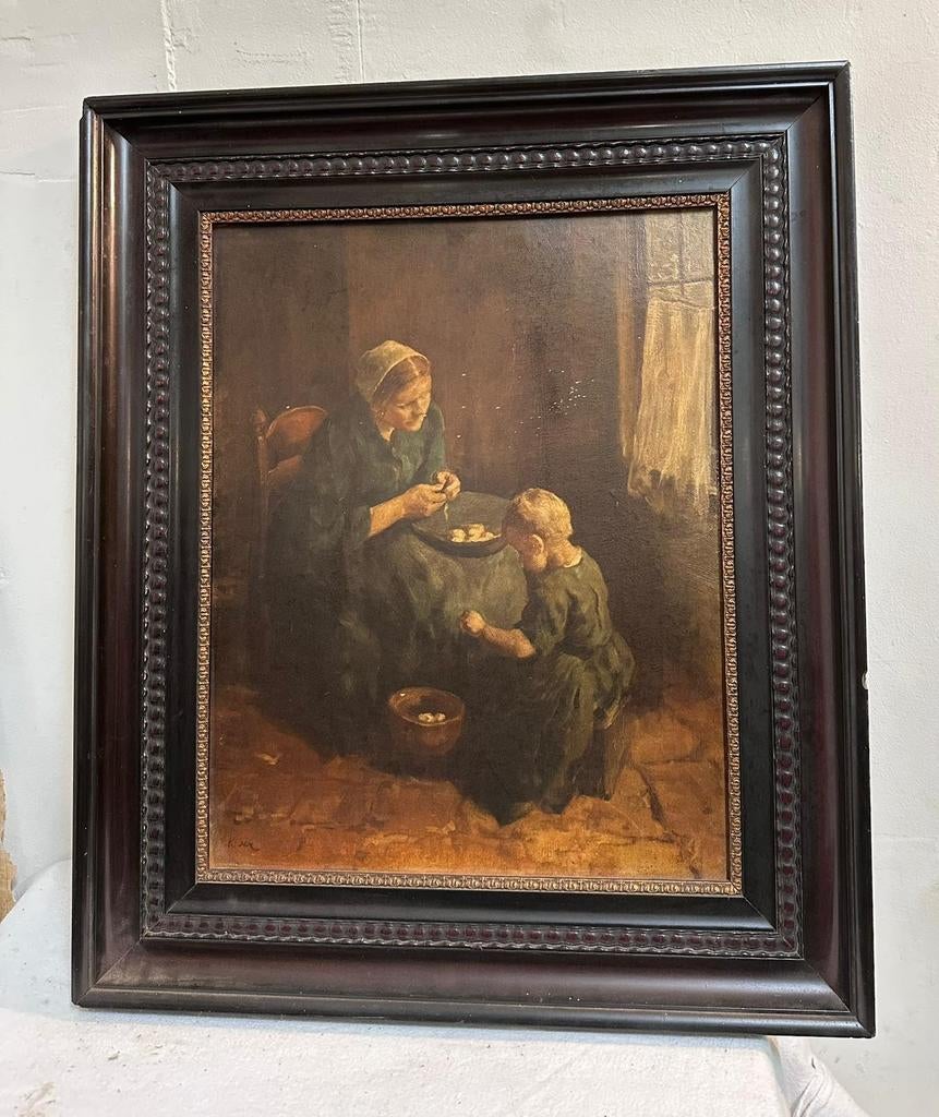 Schilderij nederlands huishouden aardappel schillen, Ophalen