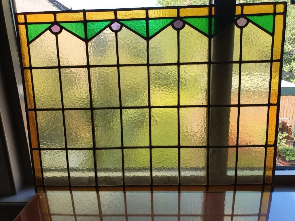 Eenvoudig glas in lood paneel van geel, groen en paars (2.5), Antiek en Kunst, Ophalen