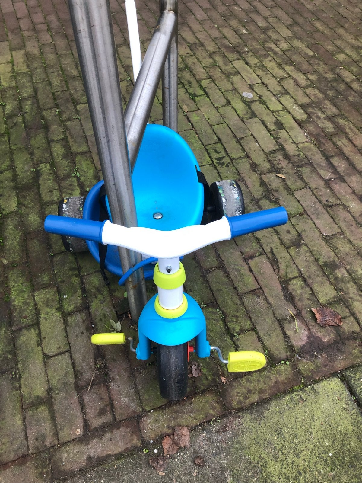 Blauwe driewieler met duwstang, Ophalen of Verzenden, Gebruikt, Terugtraprem, Duwstang