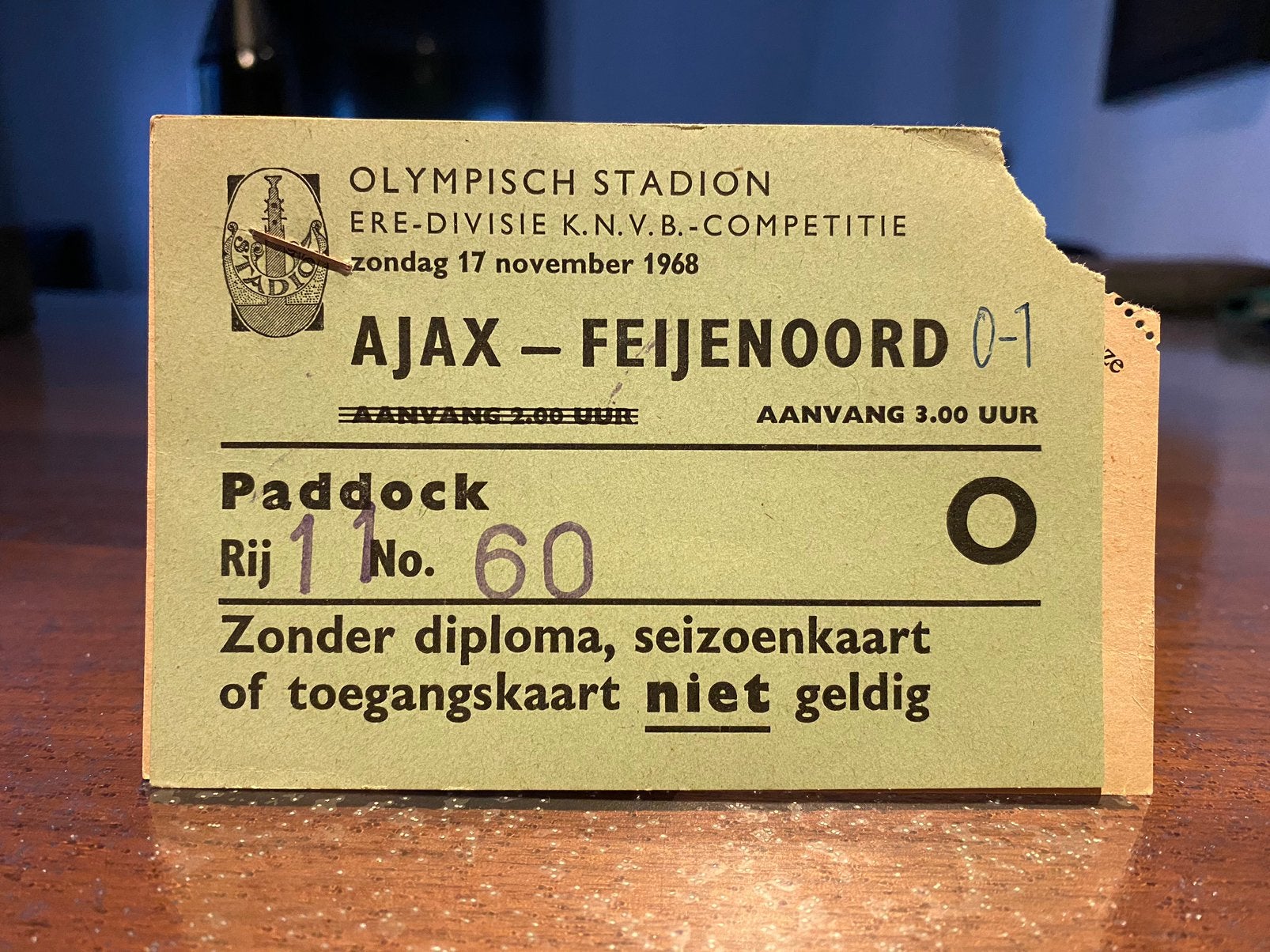 Toegangsbewijs Ajax – Feijenoord (17 november 1968), Ophalen of Verzenden, Zo goed als nieuw, Ajax
