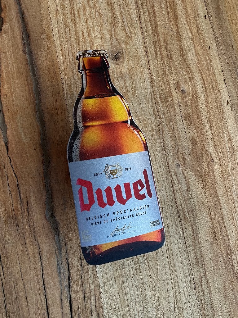 Reclamebord Duvel bierfles bord klein, aluminium, 10x25 cm, Ophalen of Verzenden, Nieuw, Reclamebord, Plaat of Schild, Duvel