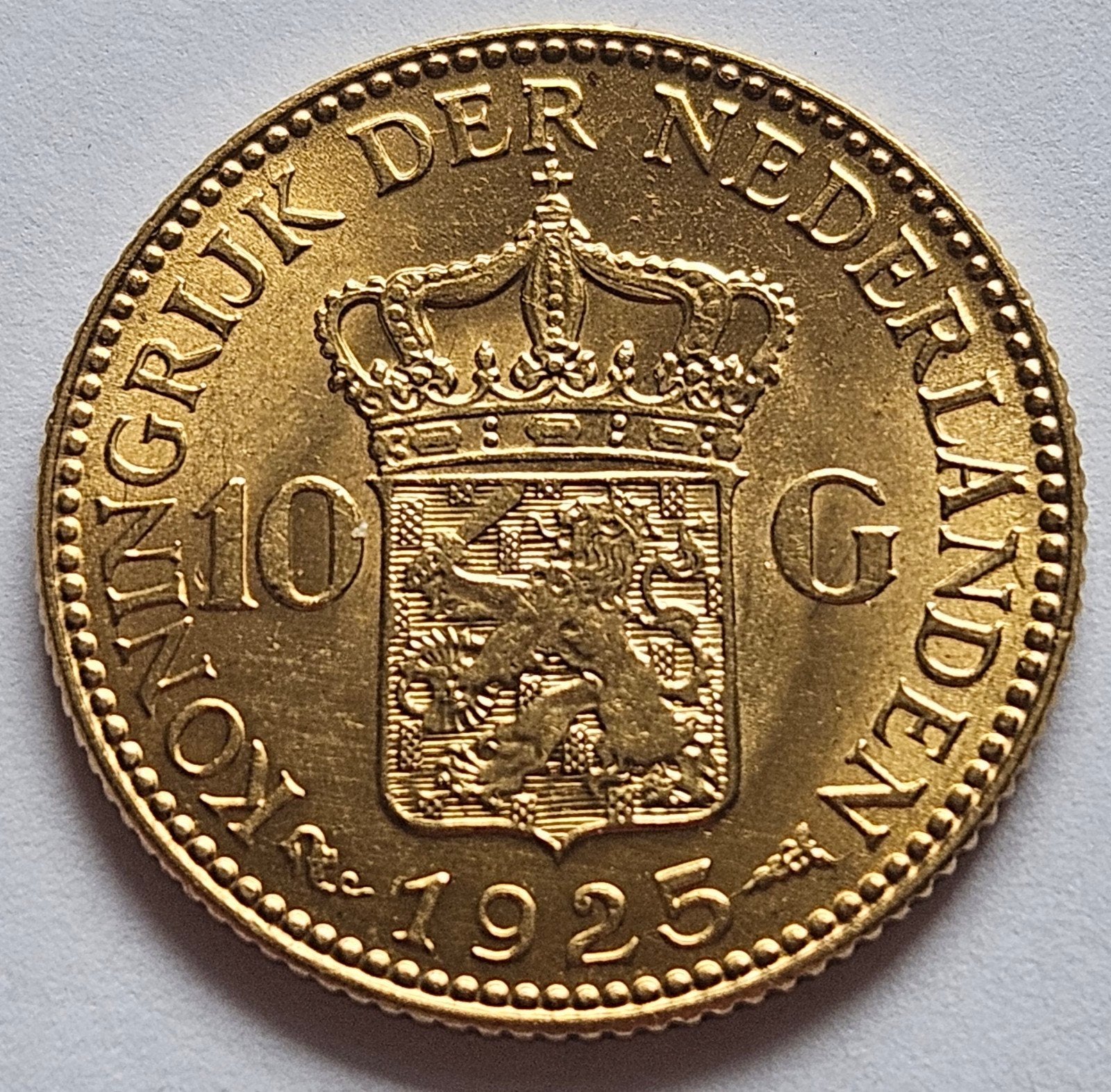 Nederland 10 Gulden 1925 Goud., Koningin Wilhelmina, Losse munt, 10 gulden, Goud