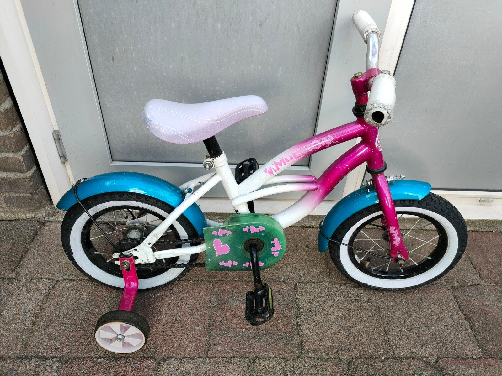 12 inch Mulino kinderfiets met zijwieltjes en terugtraprem, Ophalen, Terugtraprem, Zijwieltjes, Gebruikt