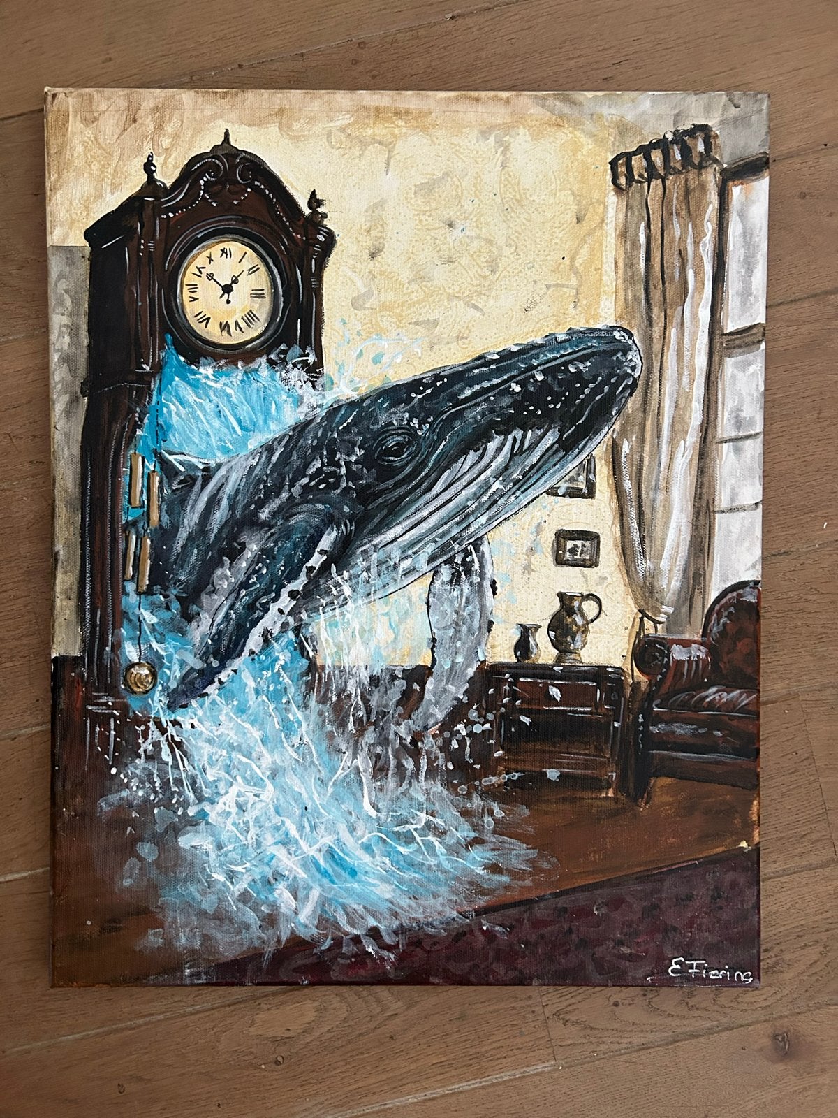Walvis uit Klok - Surrealistisch Acryl Schilderij 40x50cm, Acrylverf, Overig onderwerp, Textiel, Gelakt/vernis