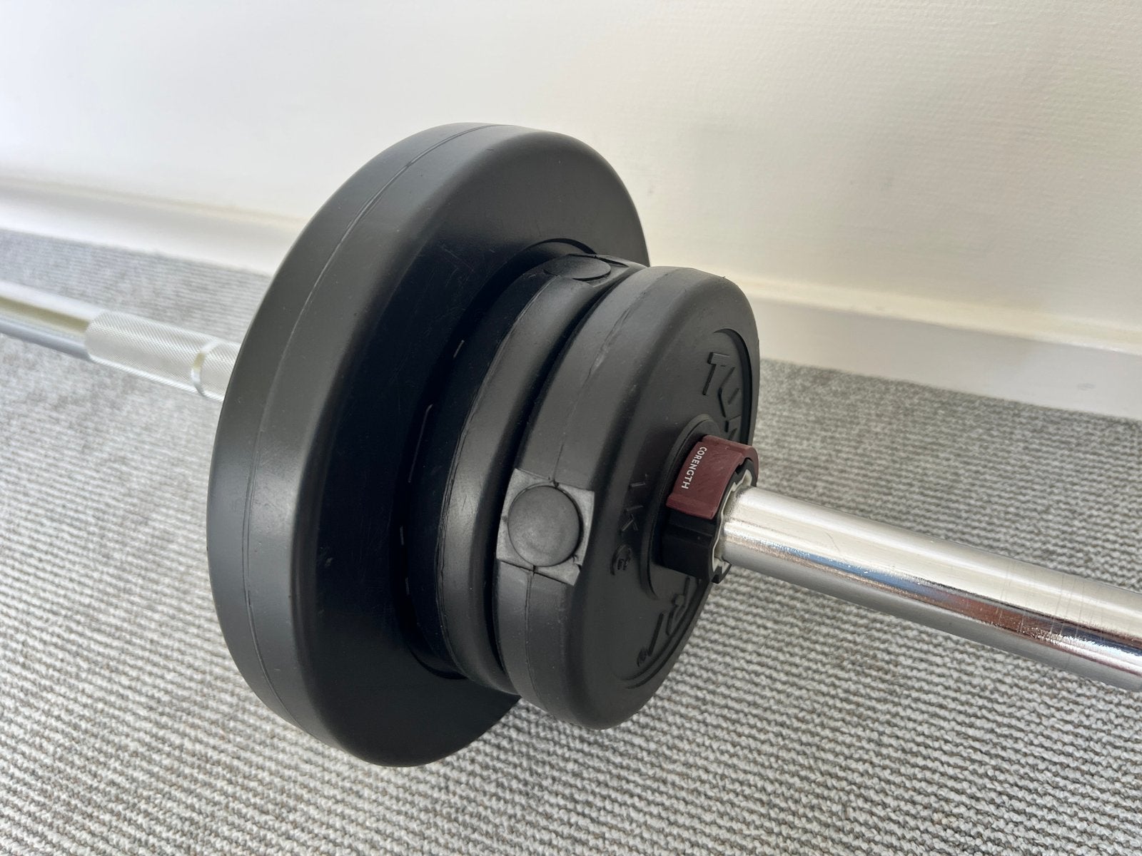 Barbell/ Halsterstang van 1.20m met 6 gewichtschijven, Ophalen, Zo goed als nieuw
