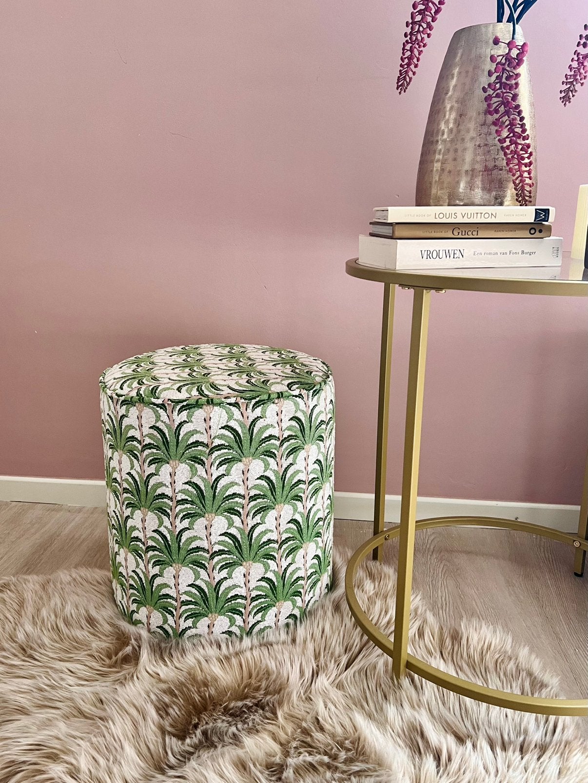 Super leuke hippe poef kruk palmbomen wit groen xenos, Huis en Inrichting, Ophalen, Nieuw, Overige materialen