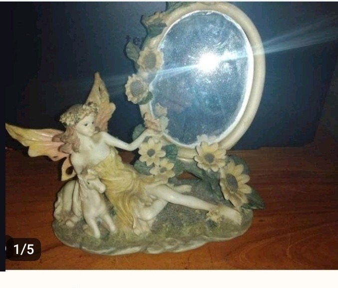 Beeldje Elfje met Eenhoorn en Spiegel - Decoratie, Huis en Inrichting, Minder dan 50 cm, Gebruikt, Ophalen of Verzenden, Minder dan 100 cm