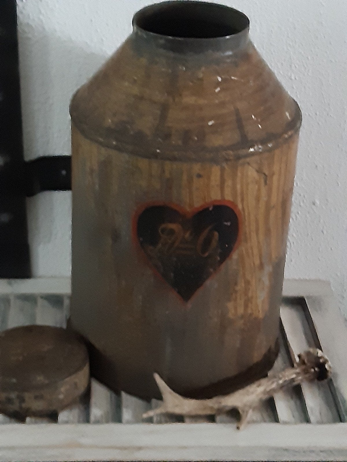 Groot shabby winkelblik, gruttersblik ton,"houtlook", Antiek en Kunst, Ophalen of Verzenden