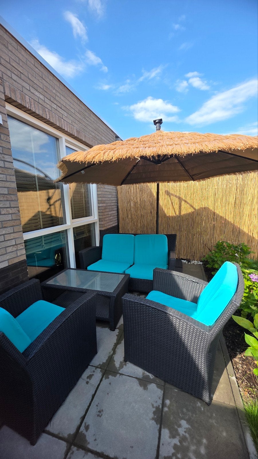 Wicker Loungeset met Turquoise Kussens en Glazen Tafel, Ophalen