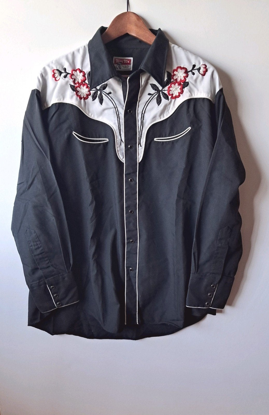 Tem Tex Vintage Western overhemd maat XL Pearlsnap, Zwart, Tem Tex, Ophalen of Verzenden, Zo goed als nieuw