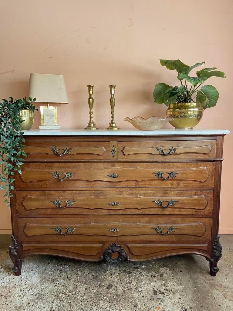 Vintage Franse houten commode 5 lades met wit marmeren blad, Ophalen, Gebruikt, 100 tot 150 cm, 5 laden of meer