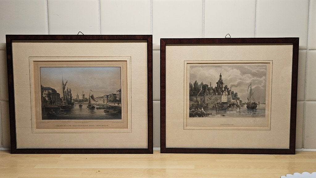Ingekleurde etsen met lijst, Ets, Stadsgezicht, Handgekleurd, Ophalen of Verzenden