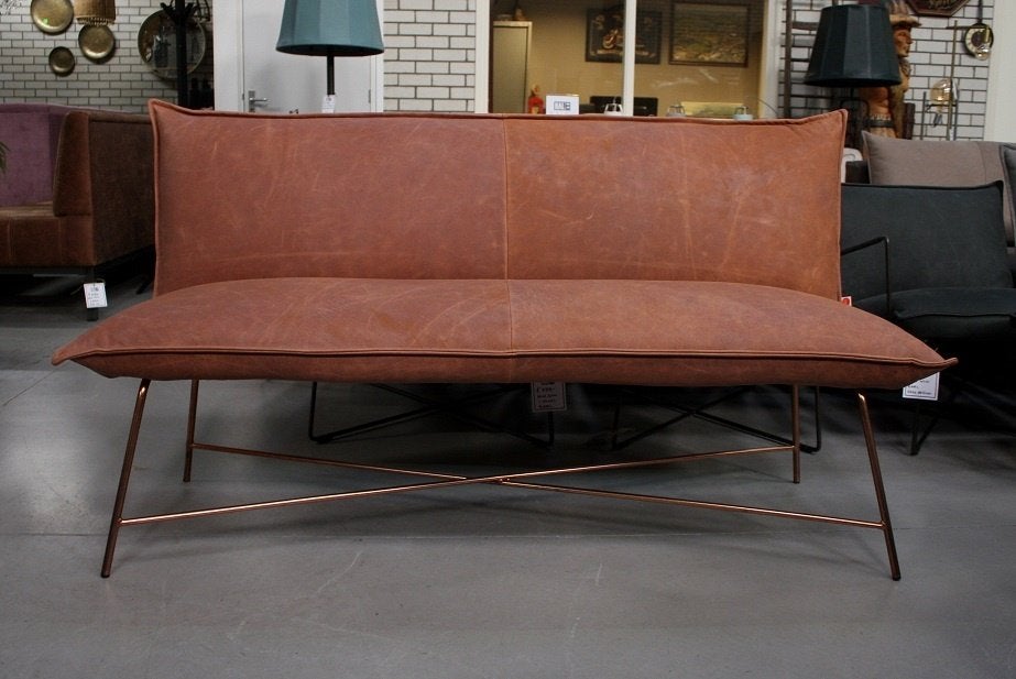Luxe eetkamerbank Vidar Jess design metaal leer cognac koper, Ophalen, Bruin, Zo goed als nieuw, Vijf, Zes of meer stoelen