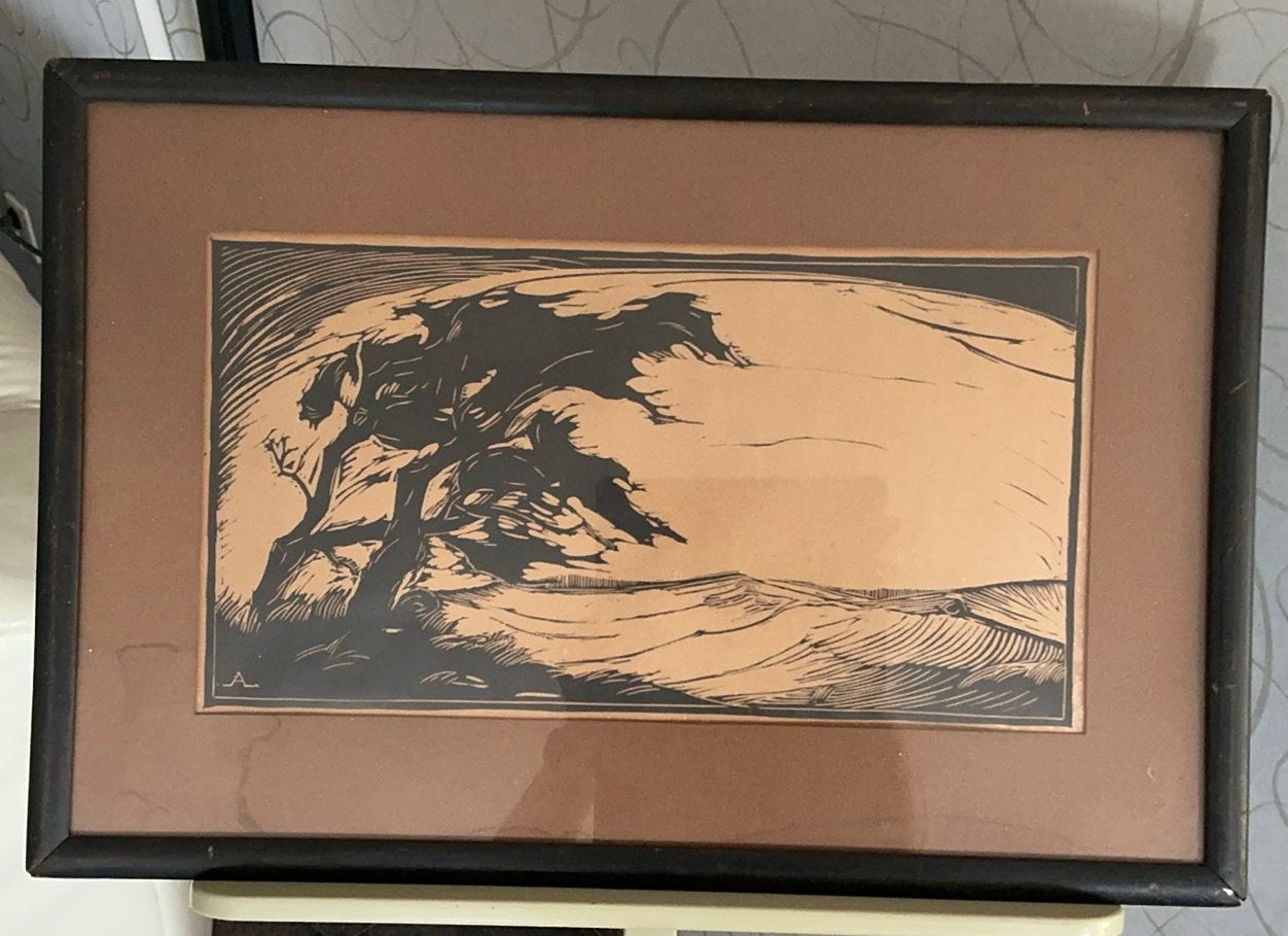 Verstilde Hout/Linosnede met Hokusai voorstelling van boom, Antiek en Kunst, Kunst | Schilderijen | Klassiek, Ophalen of Verzenden