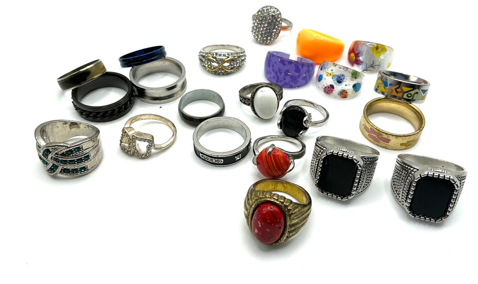 Vintage lot ringen 22 stuks zilver verguld plastic stenen, Verzenden, Zilver, Verguld