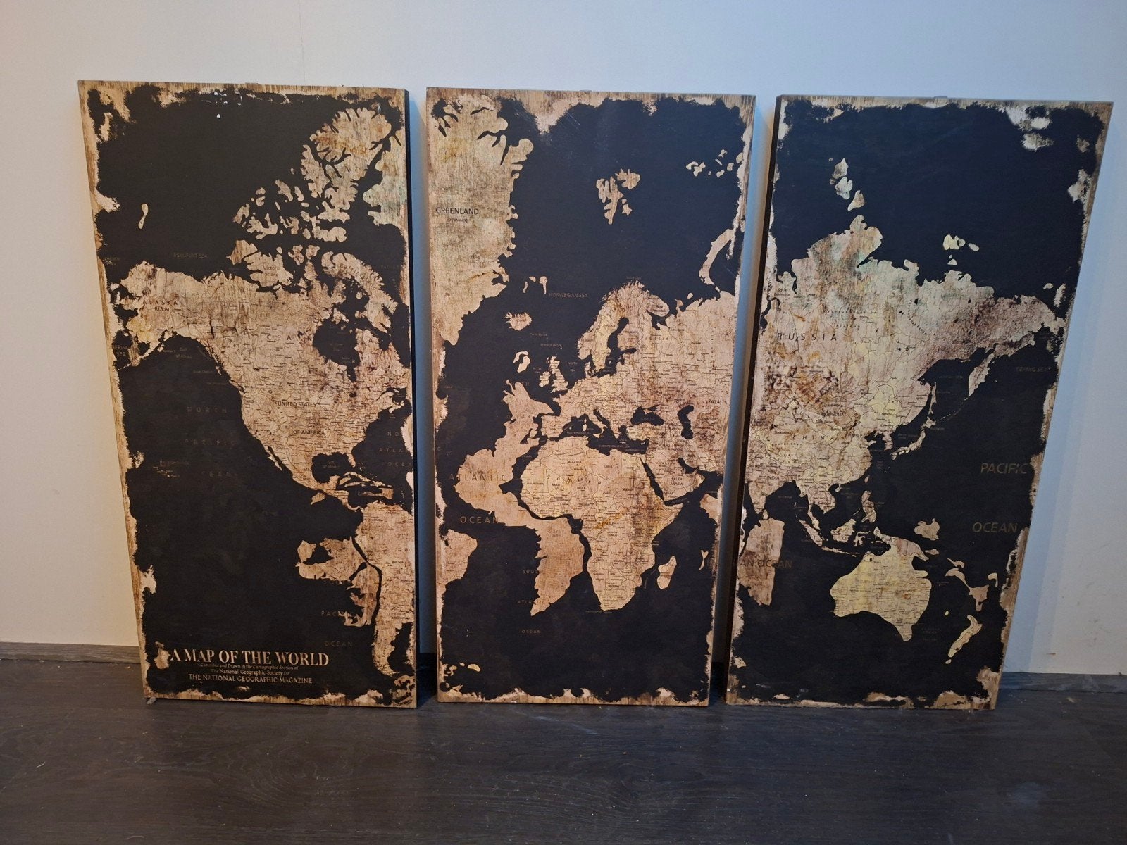 Driedelige Wereldkaart Wanddecoratie Hout, Gebruikt, Hout, Ophalen of Verzenden, Wandbord of Wandpaneel