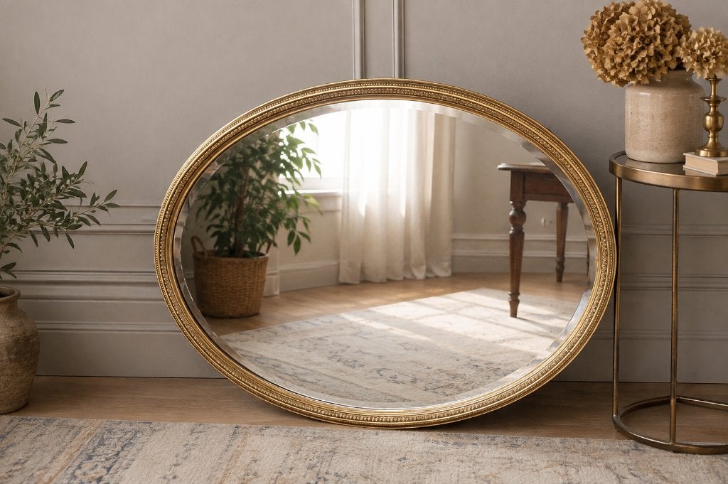 Antieke ovale spiegel met geslepen glas, Gebruikt, Ophalen of Verzenden, 75 tot 100 cm, Minder dan 100 cm