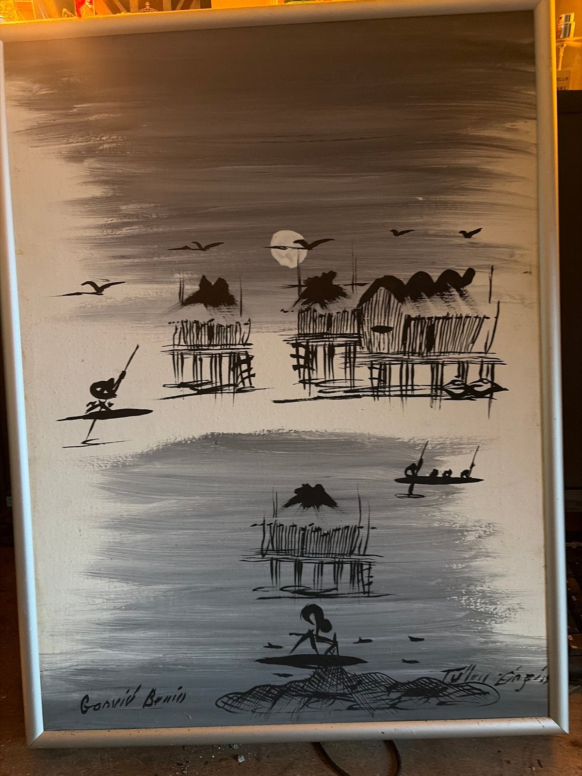 Schilderij met waterlandschap en huisjes op palen, Maritiem / water, Doek, Realistisch, Ophalen of Verzenden