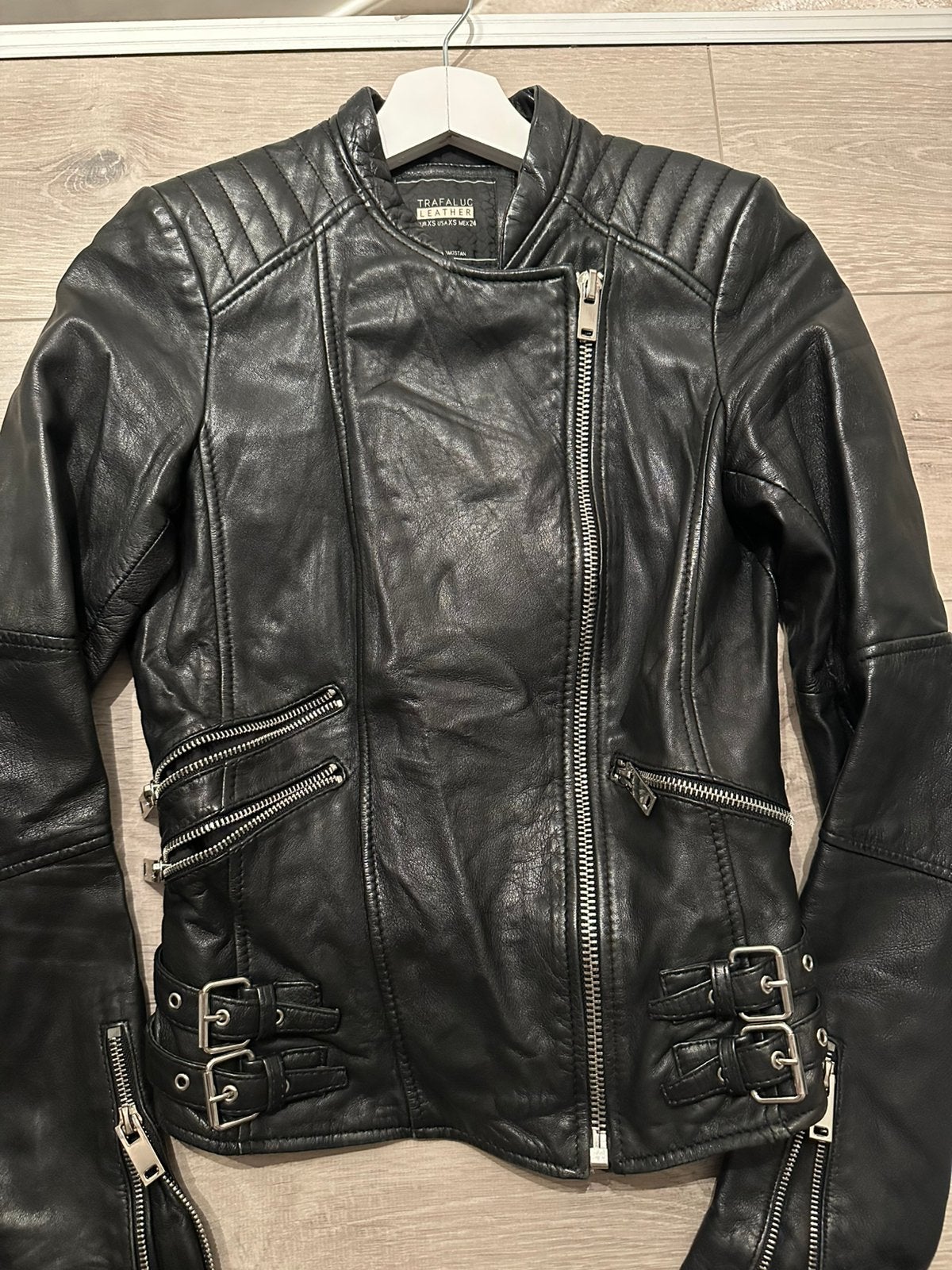 Zwarte leather jacket (TRAFALUC), Ophalen of Verzenden, Zo goed als nieuw, Maat 34 (XS) of kleiner, Zwart