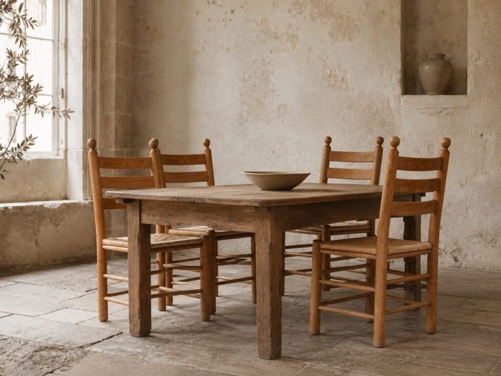 Set van vier Franse ladderback stoelen met biezen zitting, Ophalen, Gebruikt, Bruin, Hout