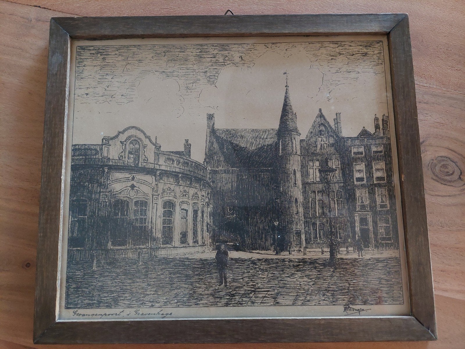Oude tekening Gevangenpoort in Den Haag, Antiek en Kunst, Ophalen of Verzenden, Tekening, Achter glas