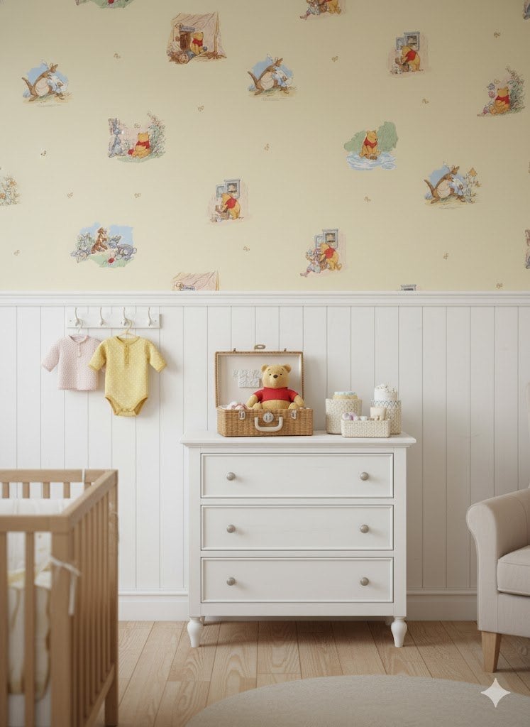 6759 winnie de pooh scènes op geel vintage behang, Swiet, Ophalen of Verzenden, Geel