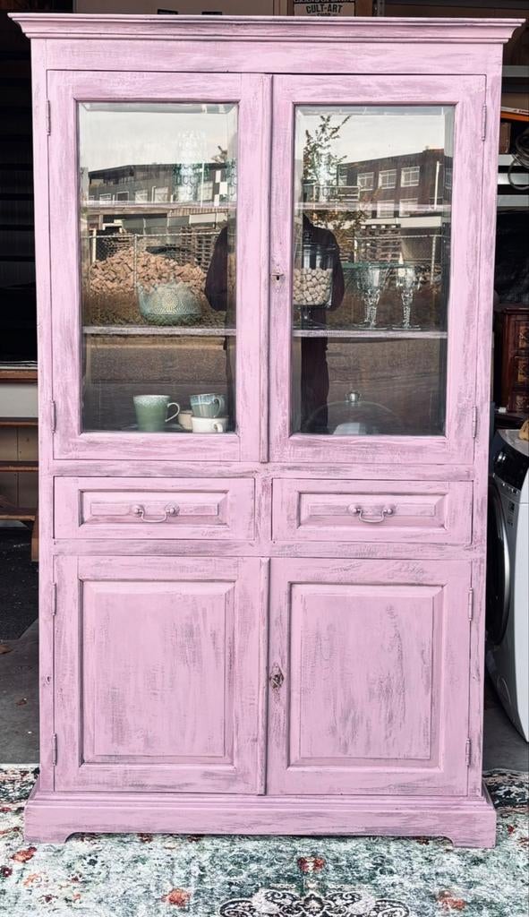 Oud roze eiken vitrinekast / buffetkast, Ophalen, Glas, Gebruikt, Met deur(en)
