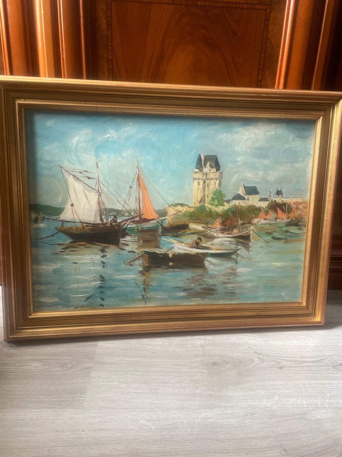 Schilderij Maritiem Gezicht met Boten en Kasteel, Maritiem / water, Doek, Impressionistisch, Ophalen of Verzenden