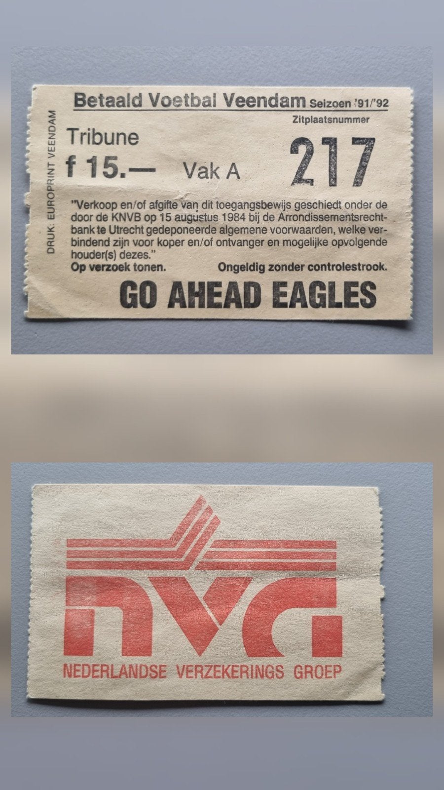 Ticket Veendam - Go Ahead Eagles (1991-1992), Ophalen of Verzenden, Zo goed als nieuw, Overige binnenlandse clubs, Overige typen