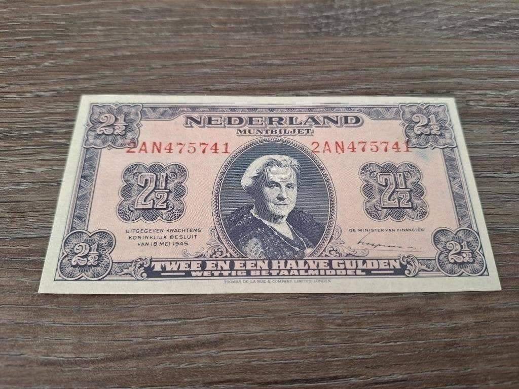 Prachtig+ biljet 2,5 gulden 1945, muntbiljet Wilhelmina, Ophalen of Verzenden, 1 gulden