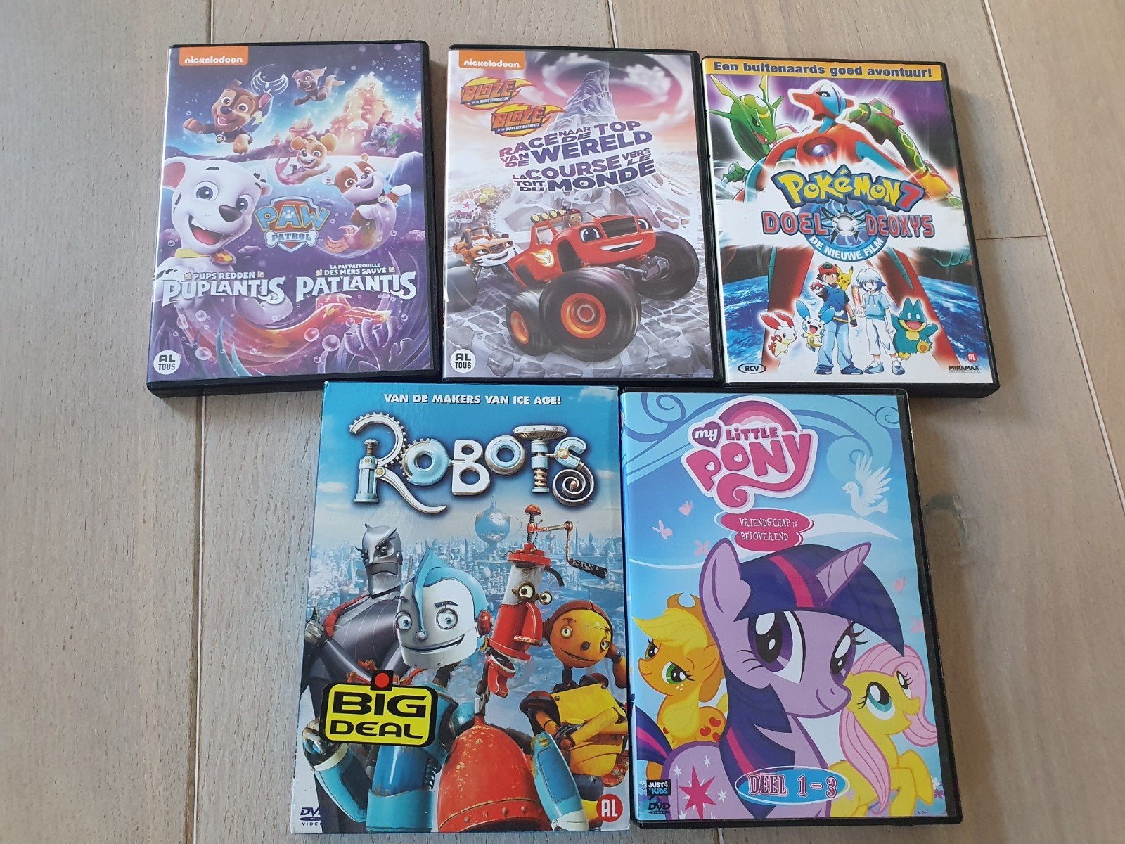 6x Kinder DVD's: Paw Patrol, Robots, My Little Pony, Pokémon, Gebruikt, Animatie, Alle leeftijden, Box/collectie