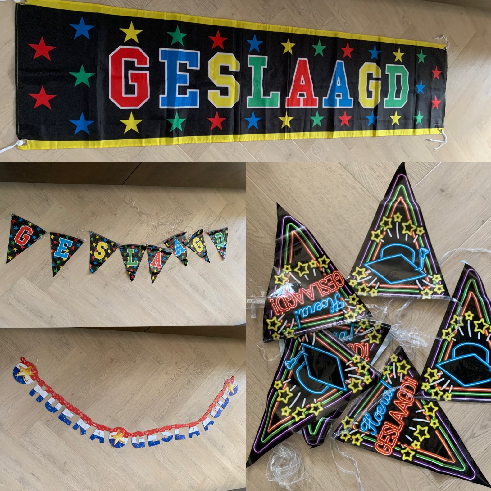 Geslaagd versiering set: slinger, 2 vlaggenlijn en een vlag, Hobby en Vrije tijd, Feestartikelen, Ophalen of Verzenden, Gebruikt