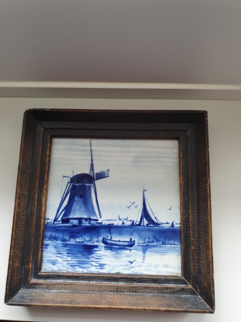 Delftsblauwe tegel met molen en zeilboot, Porceleyne Fles, Ophalen of Verzenden