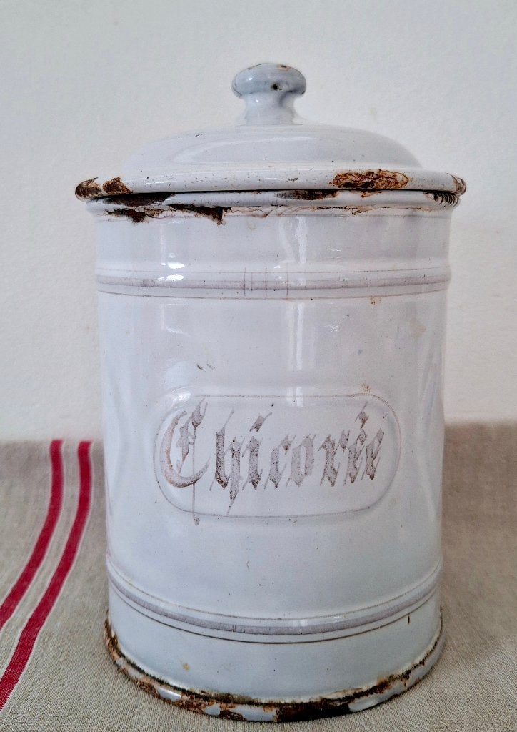 Frans Chicorei blik, brocante, wit emaille, Ophalen of Verzenden