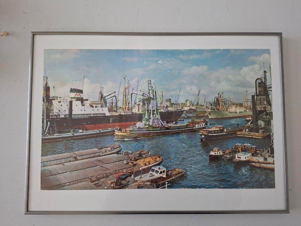 vintage ingelijste foto poster schepen Rotterdamse haven, Verzamelen, Ophalen of Verzenden, Gebruikt, Motorboot, Kaart, Foto of Prent