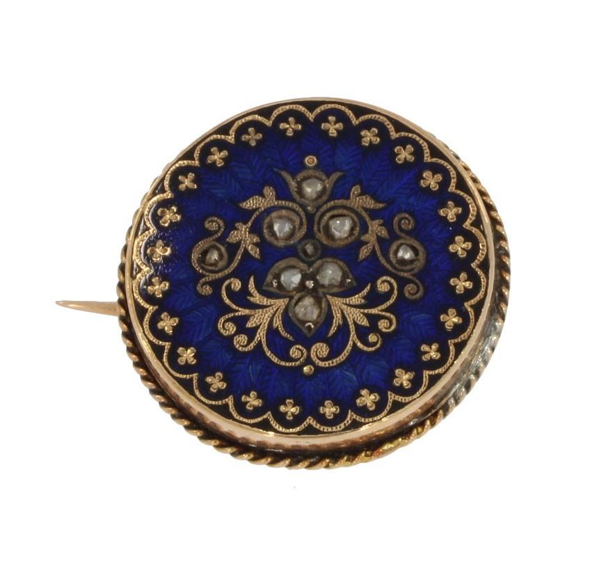 Diamanten antieke 14k gouden broche blauw emaille fraai